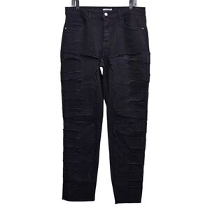HME Distressed Jeans Men 34 Black Shredded Patchwork Edgy Streetwear Denim Pants